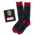 Marvel Guardians of the Galaxy gift set featuring charcoal argyle socks with Star-Lord helmet design and a Groot lapel pin.