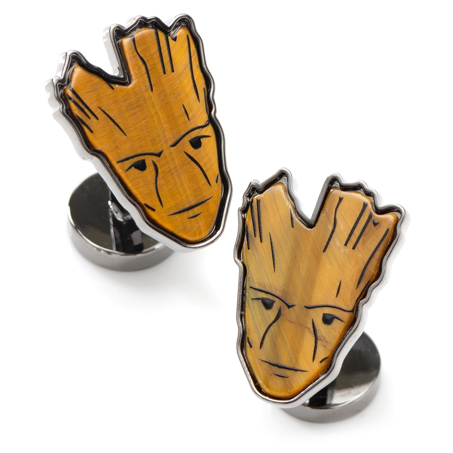 Close up of Marvel Guardians of the Galaxy Groot cufflinks made with brown Tigers Eye stone.