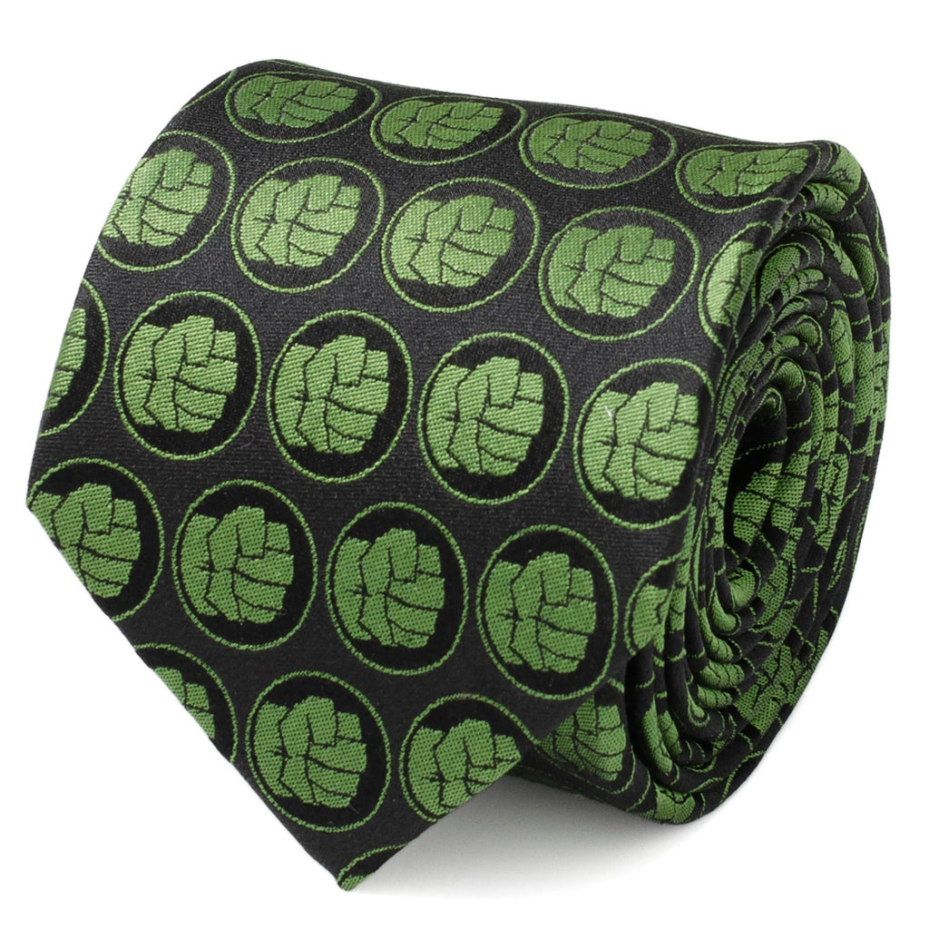 Close-up of a black men's necktie featuring a repeating green Hulk fist pattern.