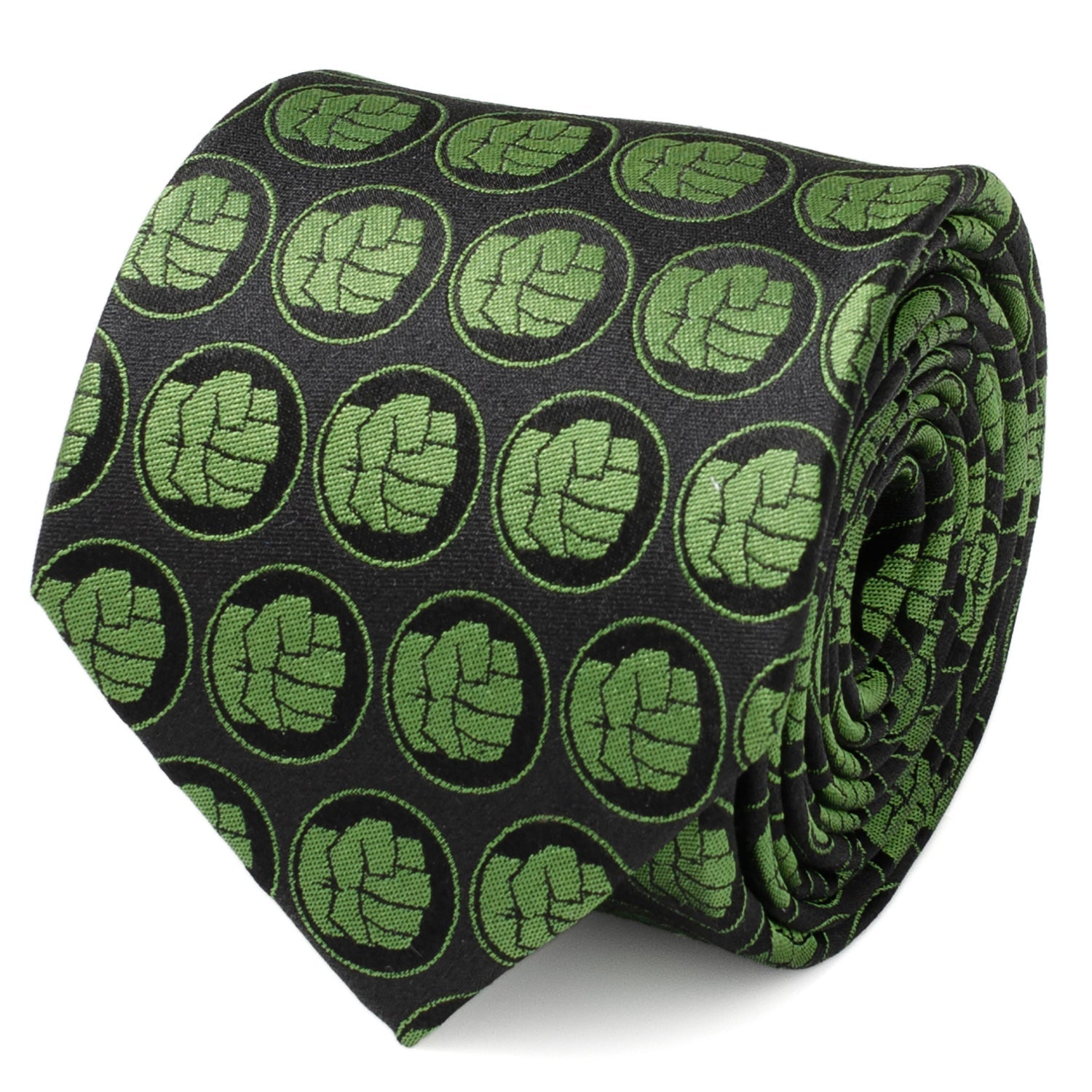 Close-up of a black men's necktie featuring a repeating green Hulk fist pattern.