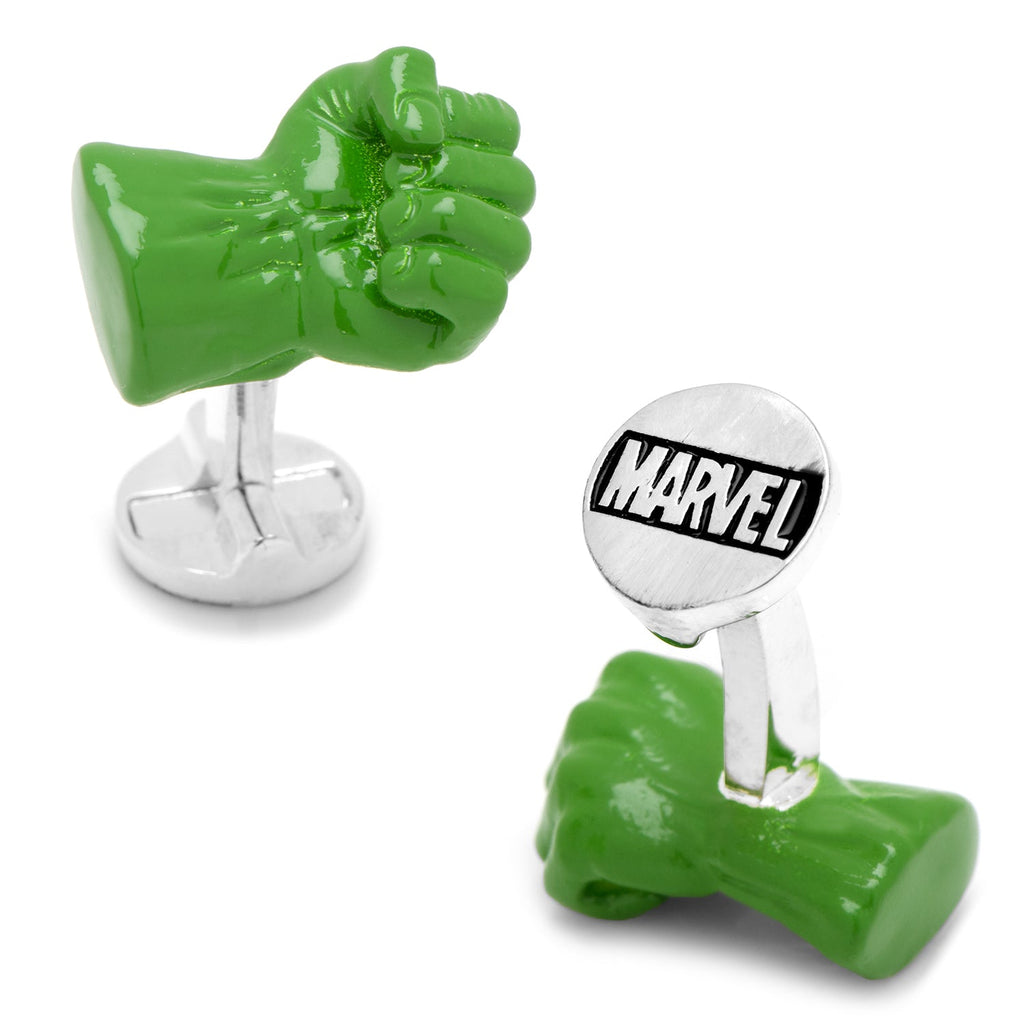 A pair of 3D Marvel Hulk Fist cufflinks with green enamel detail and silver swivel backings.