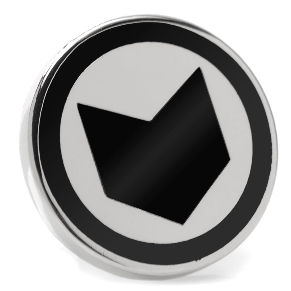 Close up of Marvel Hawkeye lapel pin featuring a black logo on a silver circular base.