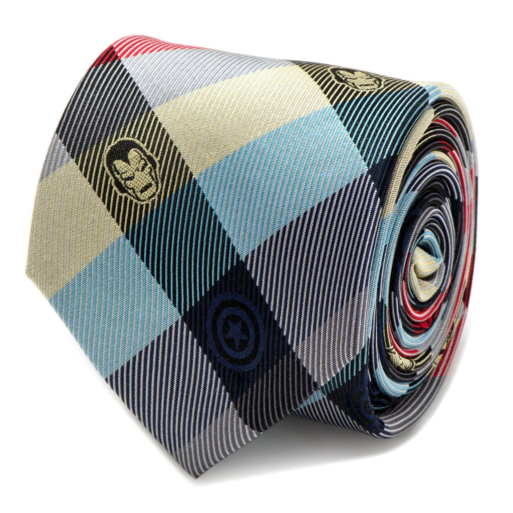 Close up of a Marvel Comics branded plaid silk tie showing Iron Man, Spider-Man, and Captain America symbols.