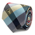Close up of a Marvel Comics branded plaid silk tie showing Iron Man, Spider-Man, and Captain America symbols.