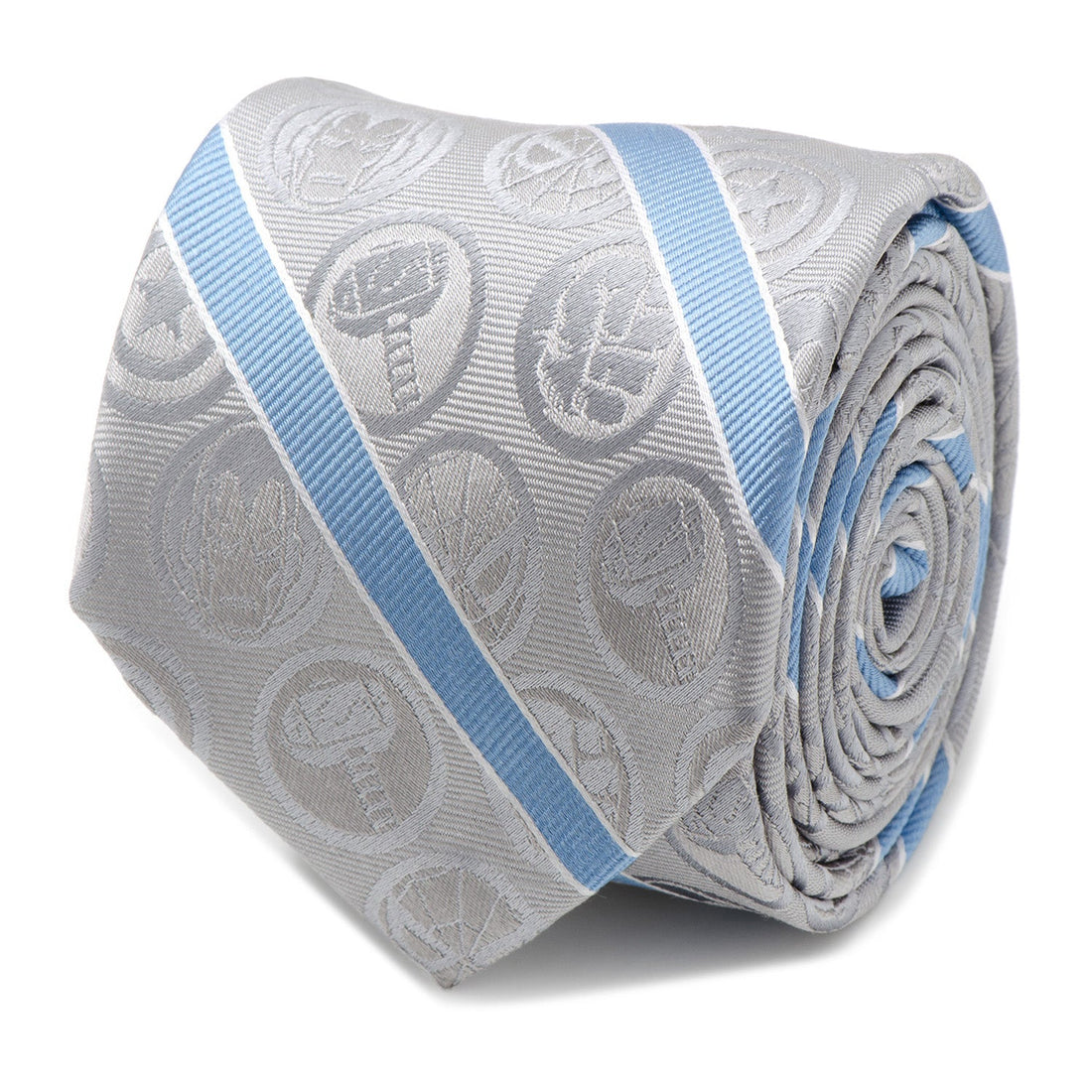 Close up of a gray and blue striped Marvel Comics silk necktie with character icons