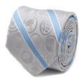 Close up of a gray and blue striped Marvel Comics silk necktie with character icons