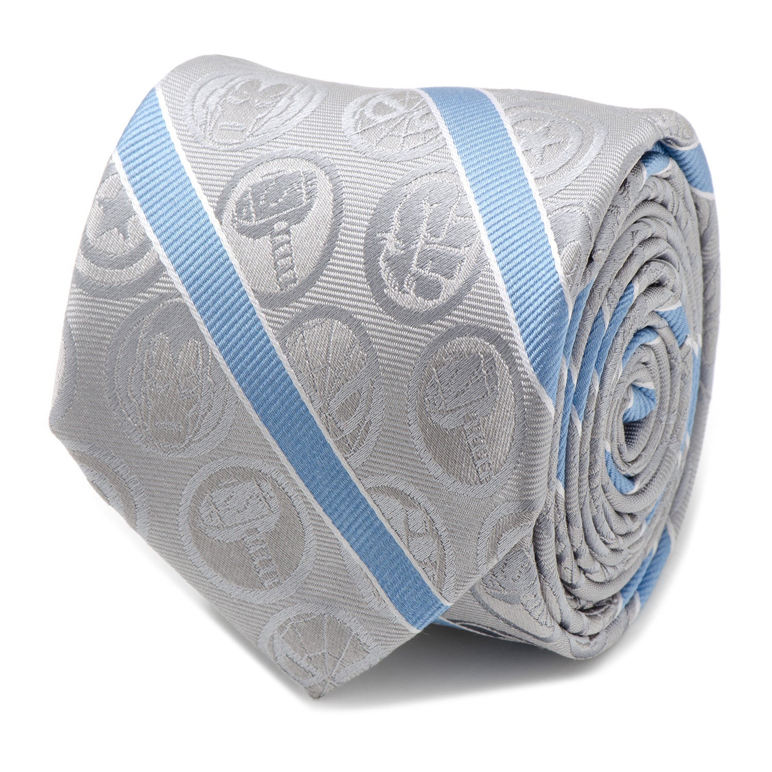 Close up of a gray and blue striped Marvel Comics silk necktie with character icons