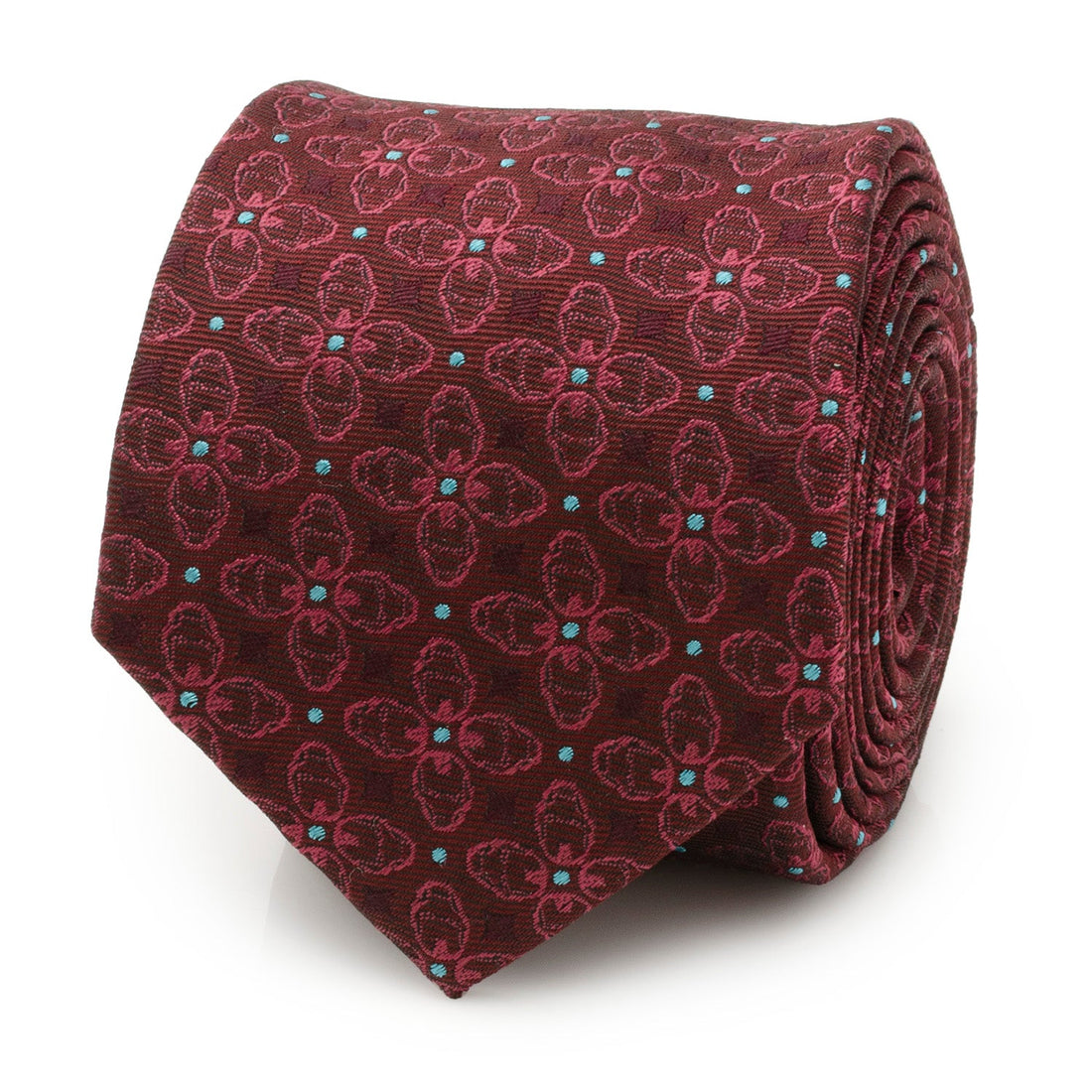 Folded burgundy silk blend necktie featuring a repeating Iron Man helmet floral pattern with blue dot accents.