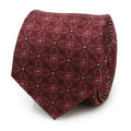 Folded burgundy silk blend necktie featuring a repeating Iron Man helmet floral pattern with blue dot accents.