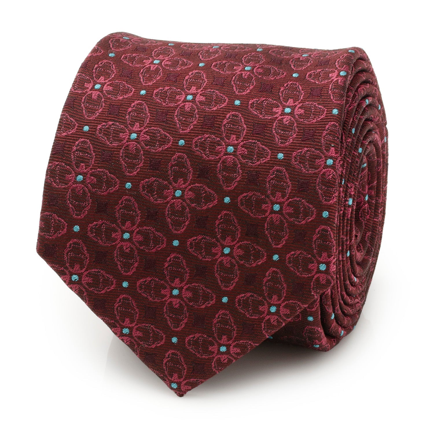 Folded burgundy silk blend necktie featuring a repeating Iron Man helmet floral pattern with blue dot accents.