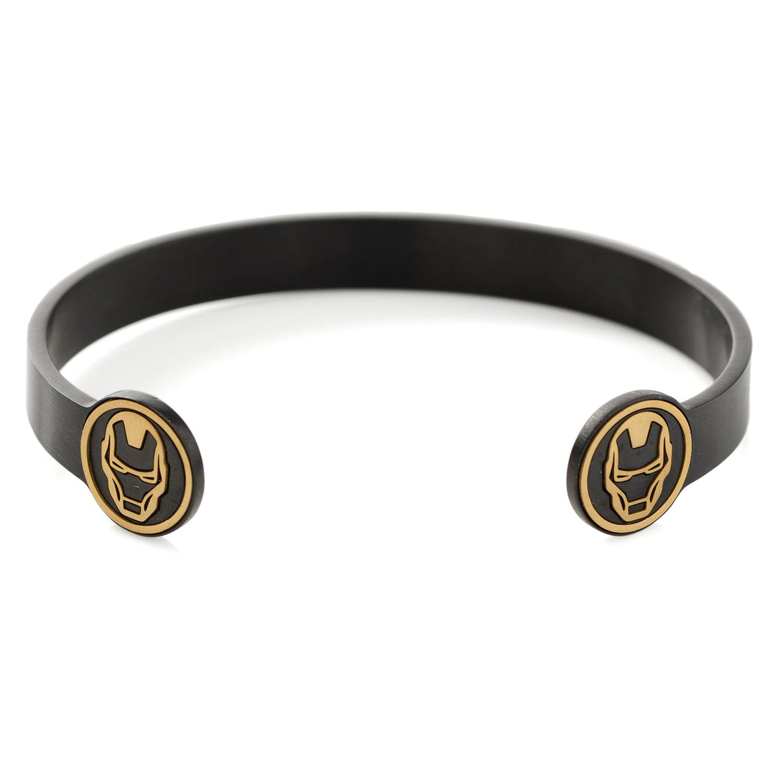 A sleek black plated metal cuff bracelet featuring gold-tone Iron Man helmet emblems on each end, worn on a wrist.