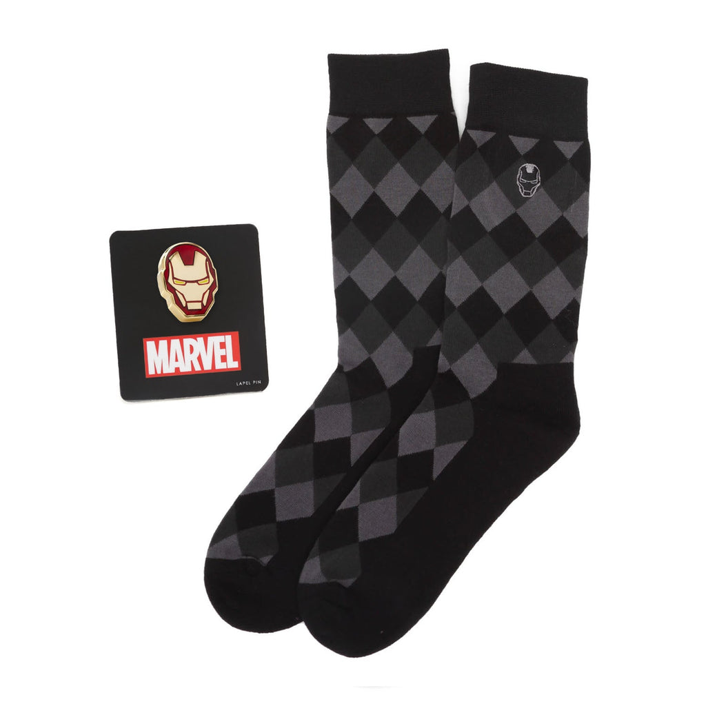 Marvel Iron Man Argyle Black Sock and Lapel Pin Gift Set