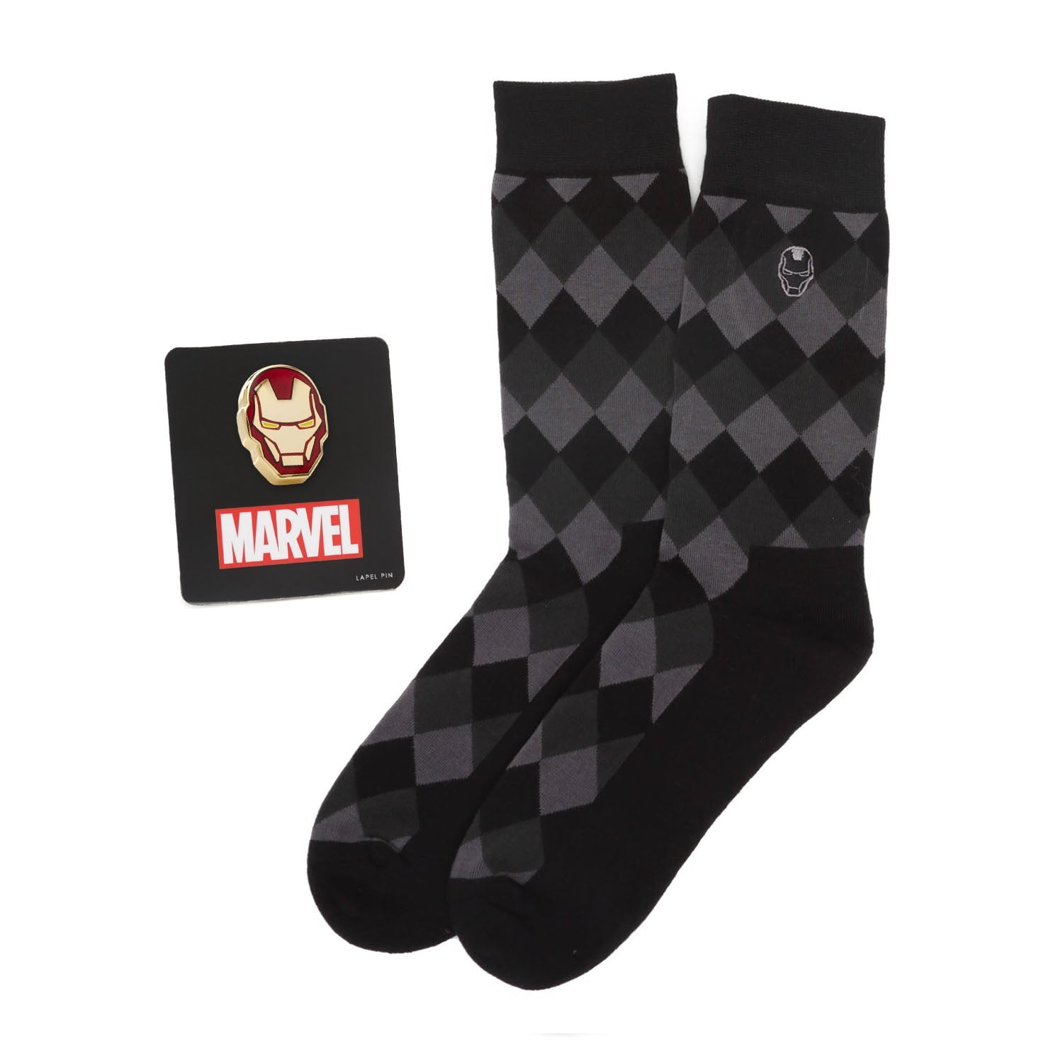 Marvel Iron Man Argyle Black Sock and Lapel Pin Gift Set