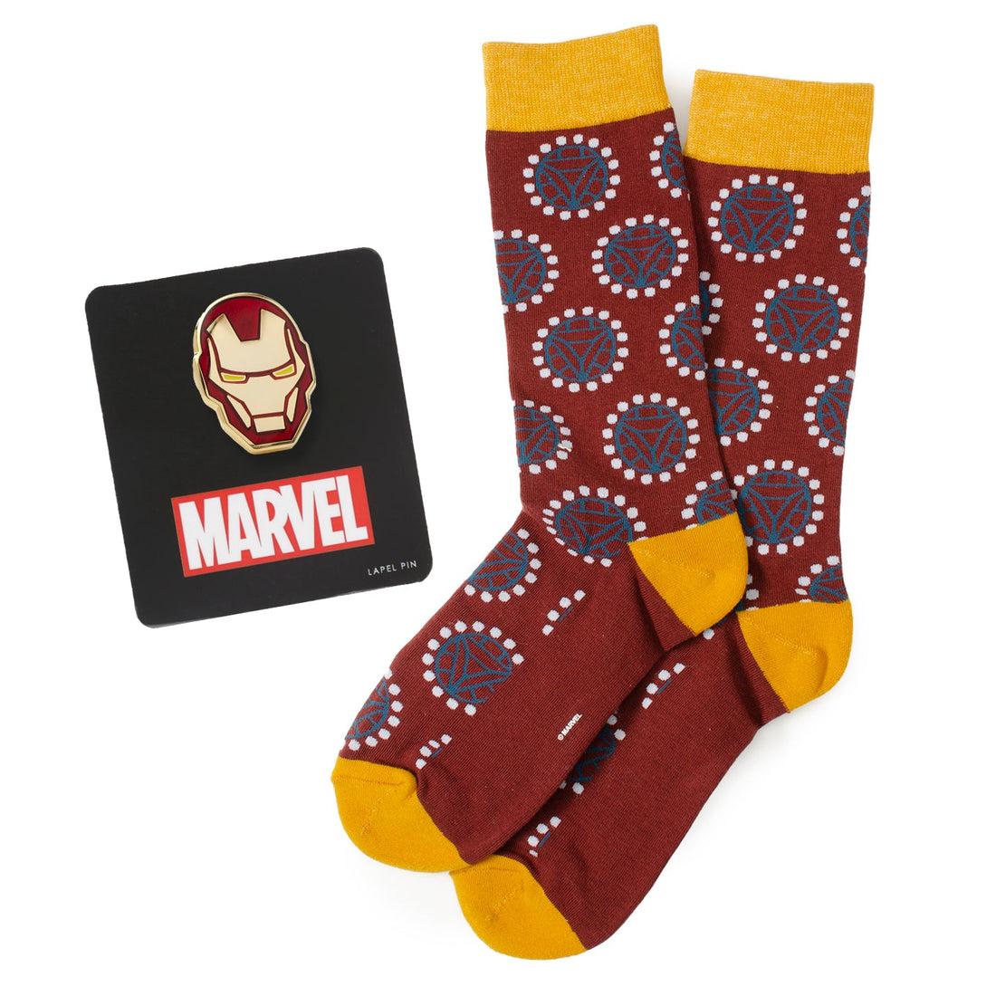 A Marvel Iron Man gift set containing a pair of red crew socks with arc reactor patterns and a gold and red Iron Man helmet lapel pin.