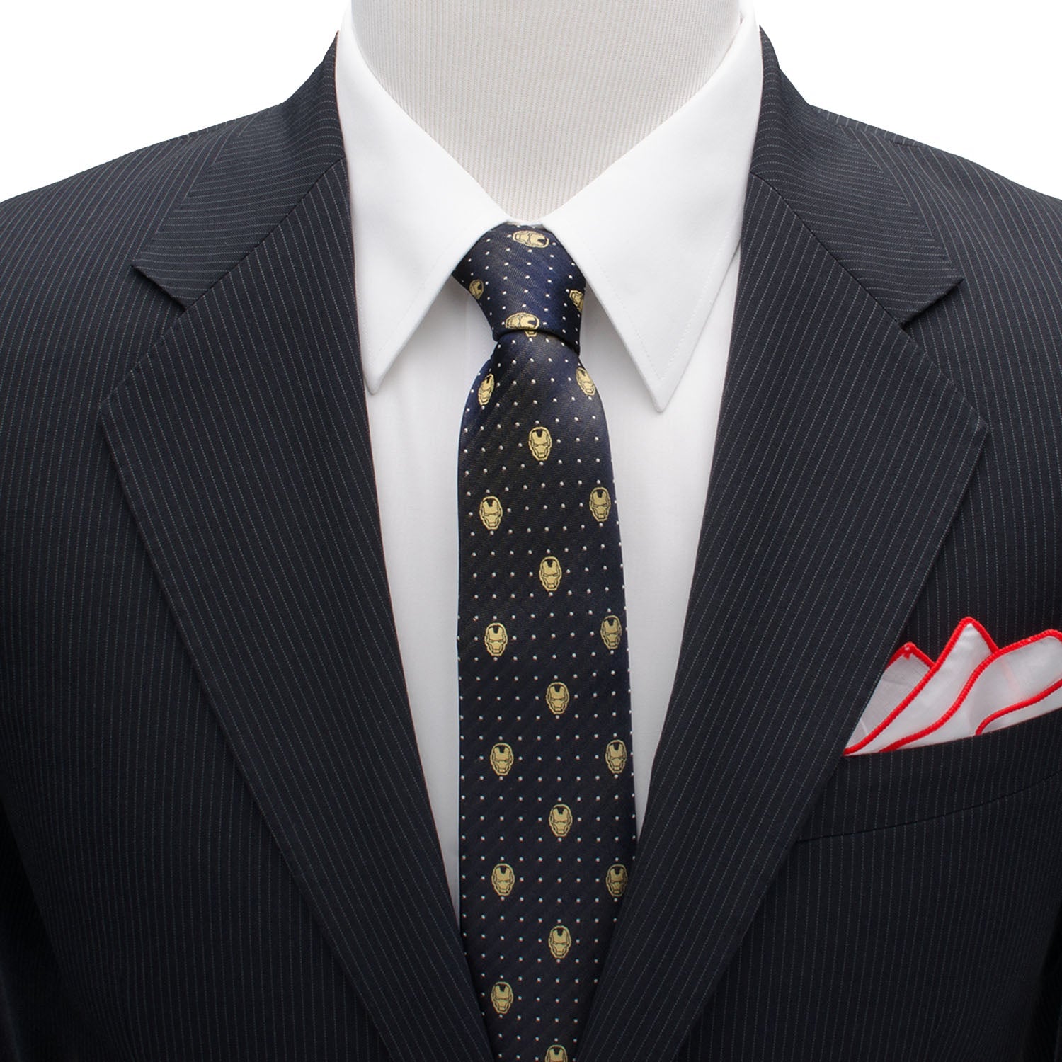 Iron Man Helmet Pattern Silk Necktie in Navy and Gold - Image 2