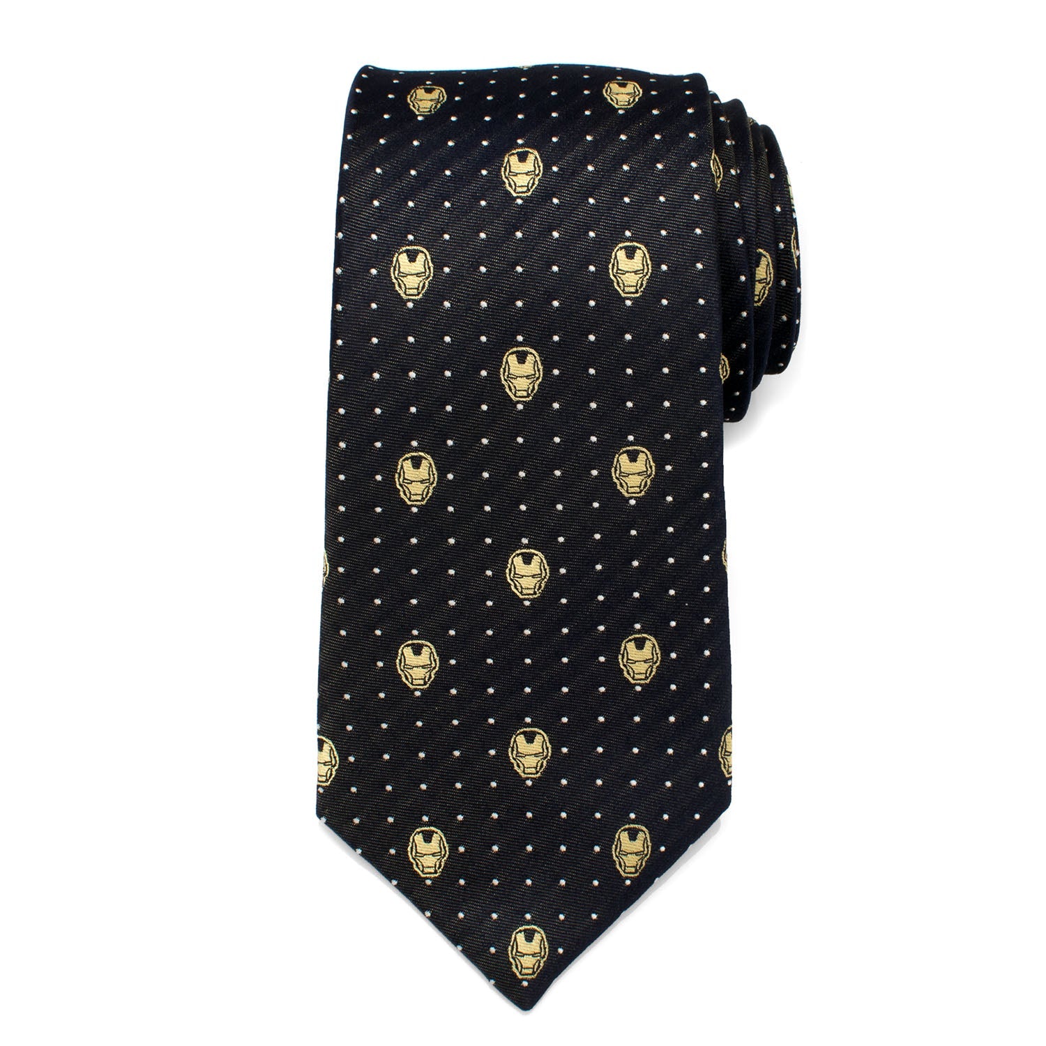 Iron Man Helmet Pattern Silk Necktie in Navy and Gold - Image 3