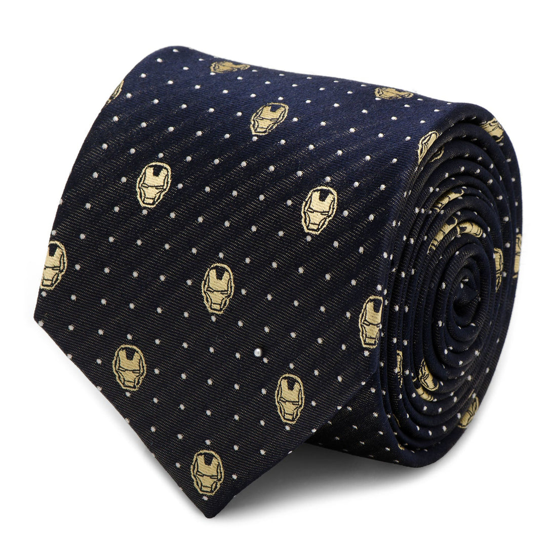 Navy blue silk necktie with gold Iron Man helmet motifs and small gray dots, displayed tied on a mannequin