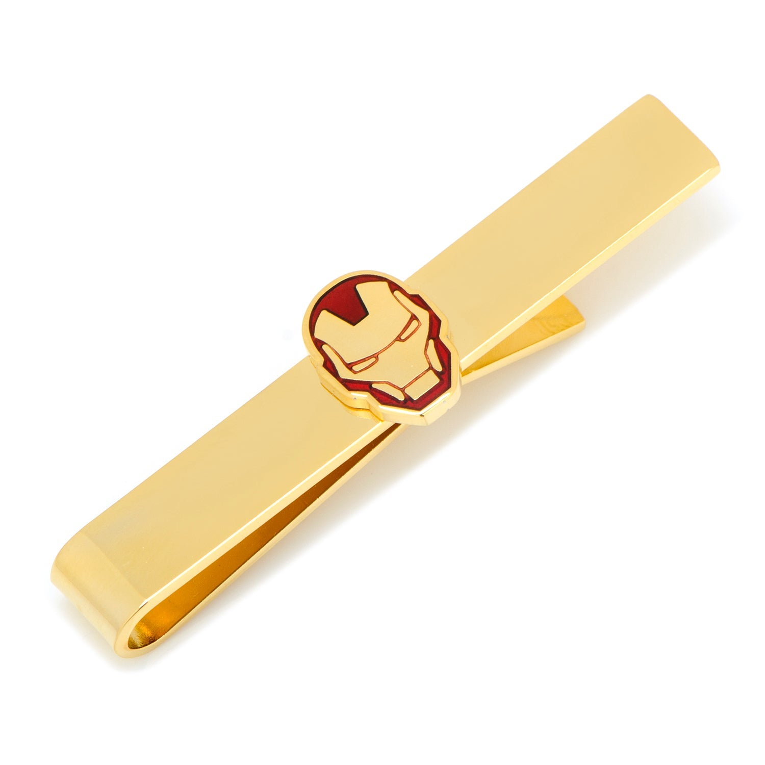 A gold plated Iron Man tie bar featuring the iconic red and gold mask, shown against a white background and on a black tie.