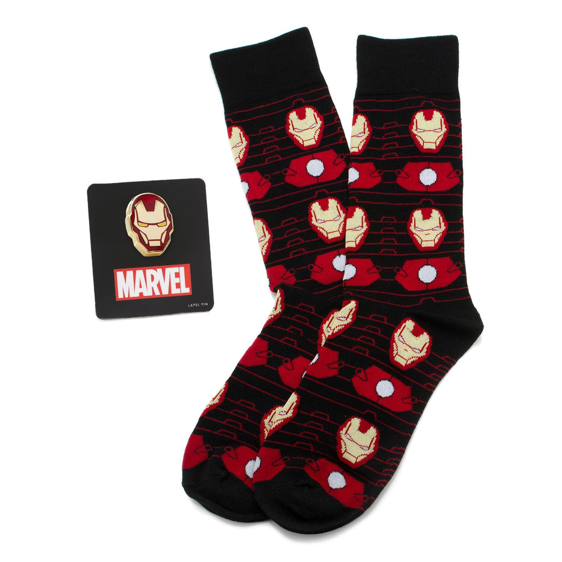 Marvel Iron Man gift set featuring black socks with red and gold armor details next to an Iron Man helmet lapel pin.