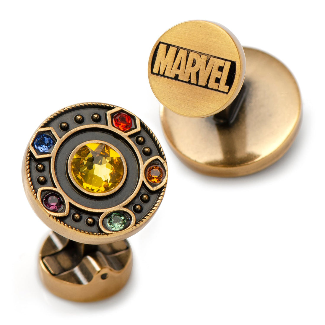 Marvel Avengers Infinity Stones cufflinks with antique gold finish and colorful crystal accents.