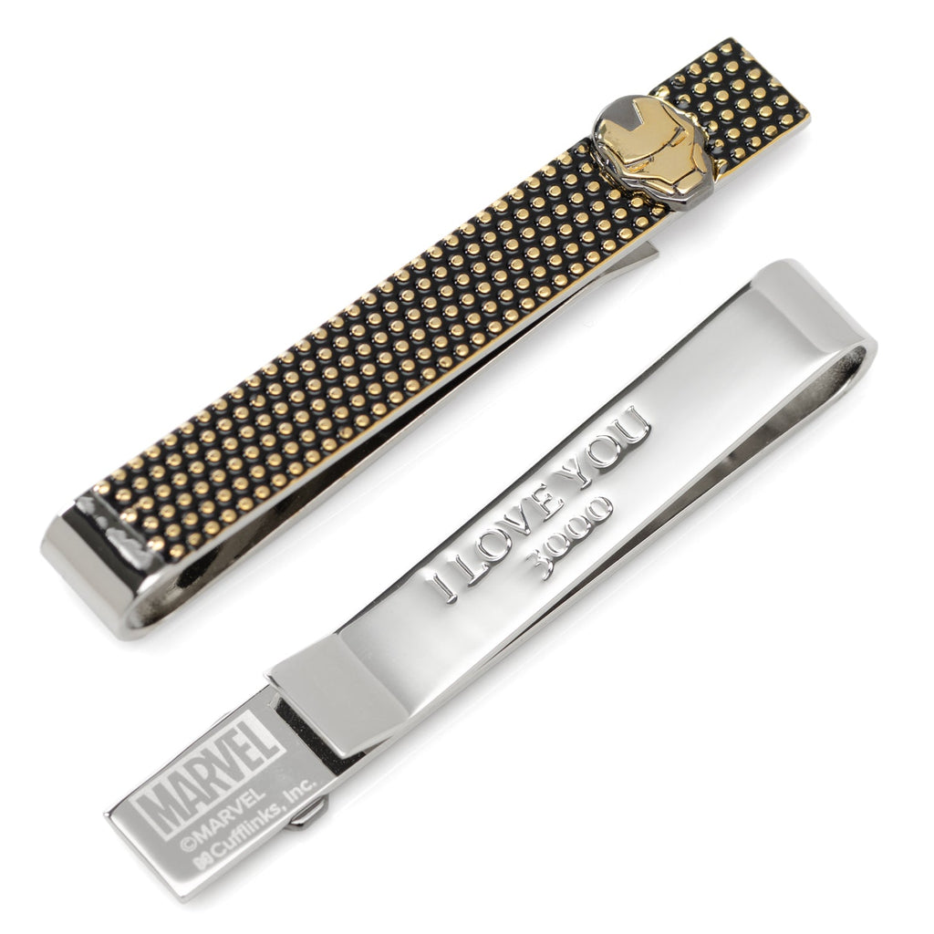 Marvel Iron Man themed tie bar with textured black and gold finish, displaying a hidden message I Love You 3000 on the reverse side.