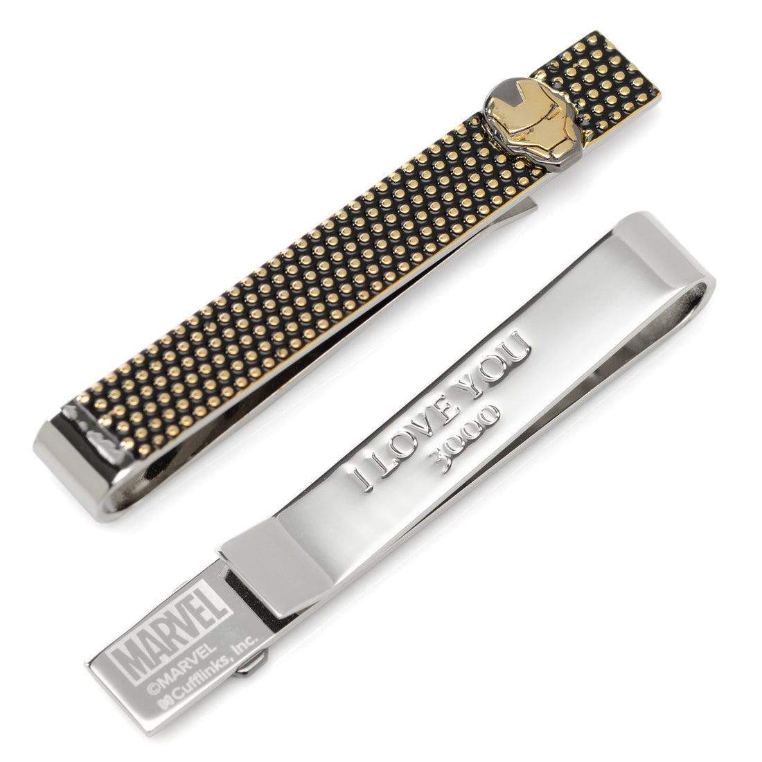 Marvel Iron Man themed tie bar with textured black and gold finish, displaying a hidden message I Love You 3000 on the reverse side.