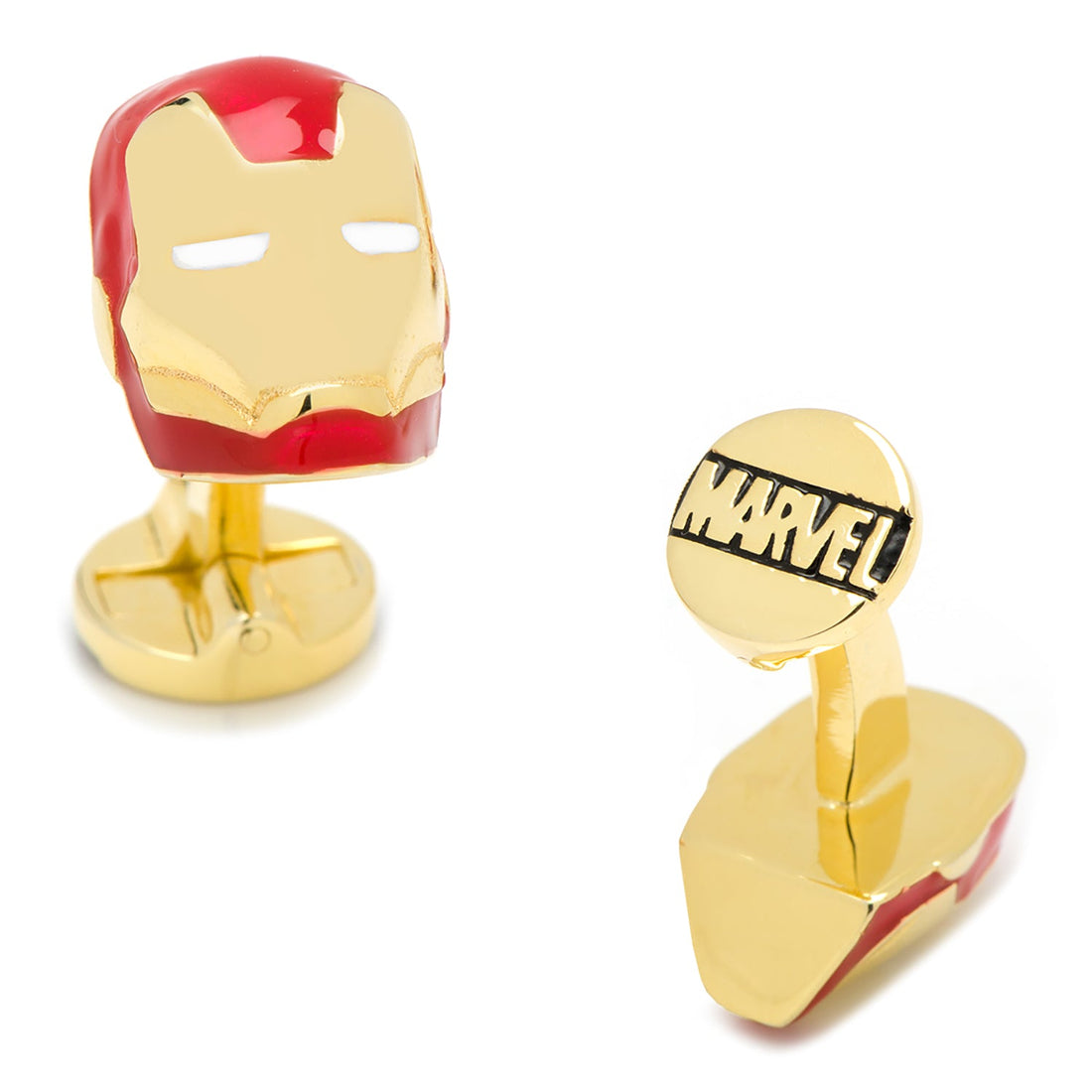 A pair of 3D Marvel Iron Man mask cufflinks in gold and red enamel with swivel backing.