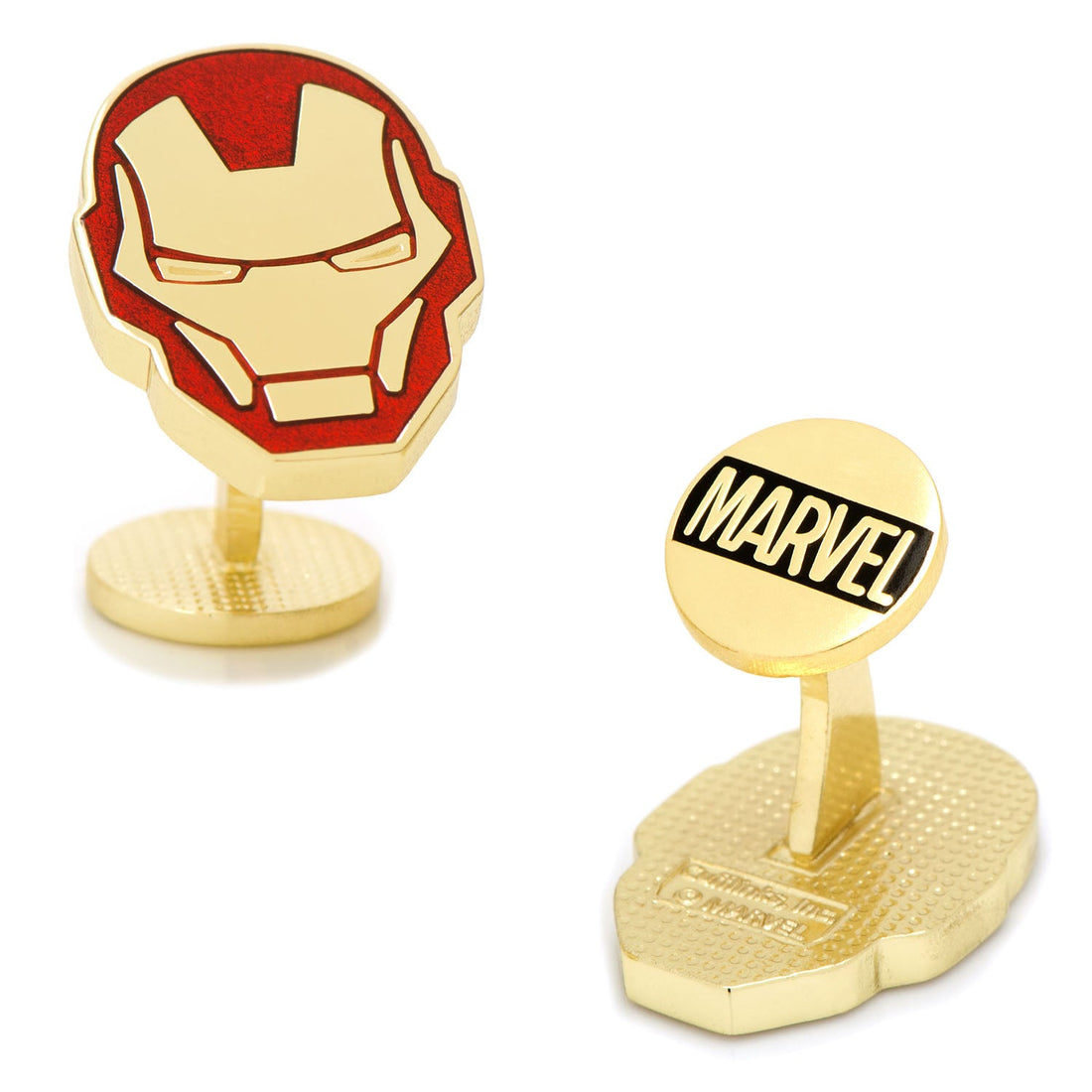 A pair of gold and red Iron Man helmet cufflinks with Marvel logo backings