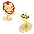A pair of gold and red Iron Man helmet cufflinks with Marvel logo backings