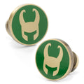 A pair of gold-toned cufflinks featuring the green enamel Loki helmet logo.