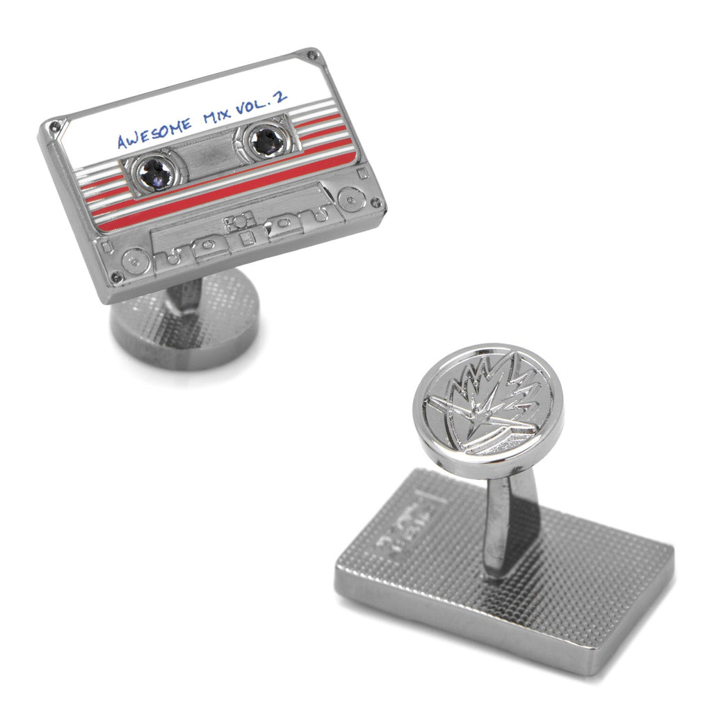 A pair of silver-tone cufflinks shaped like a retro cassette tape labeled Awesome Mix Vol. 2 with red and white details.