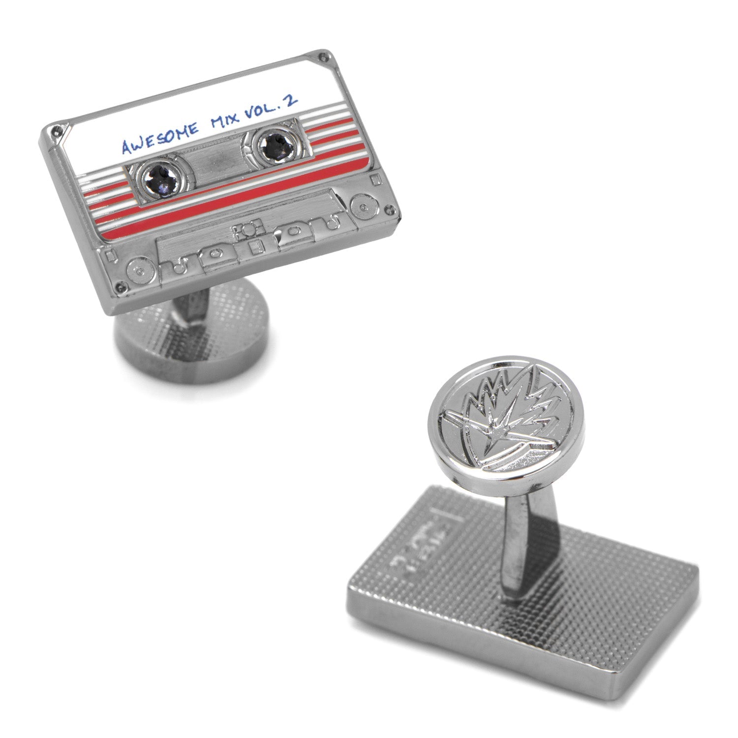 A pair of silver-tone cufflinks shaped like a retro cassette tape labeled Awesome Mix Vol. 2 with red and white details.