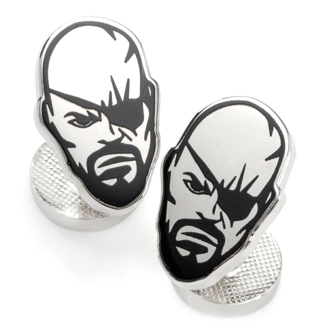 A pair of silver and black Marvel Nick Fury shaped cufflinks displayed against a white background.