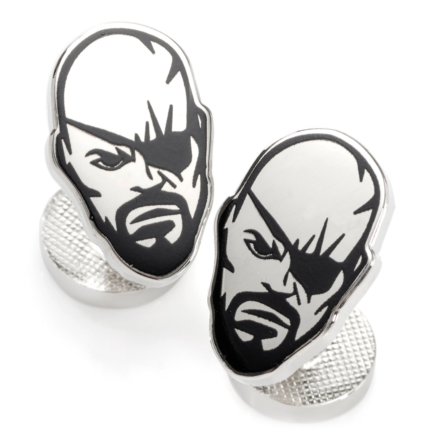 A pair of silver and black Marvel Nick Fury shaped cufflinks displayed against a white background.