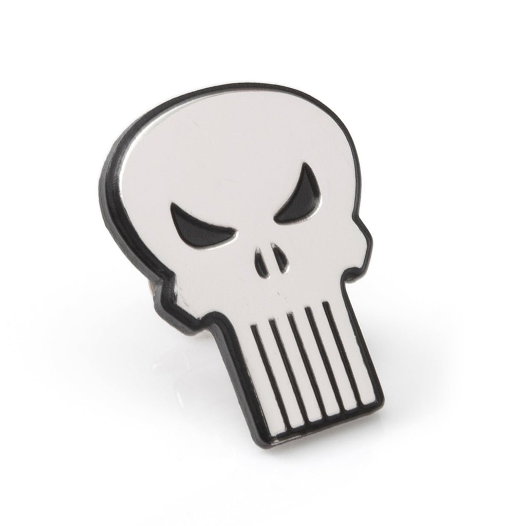 The Punisher silver and matte black skull logo lapel pin shown from front and back views.