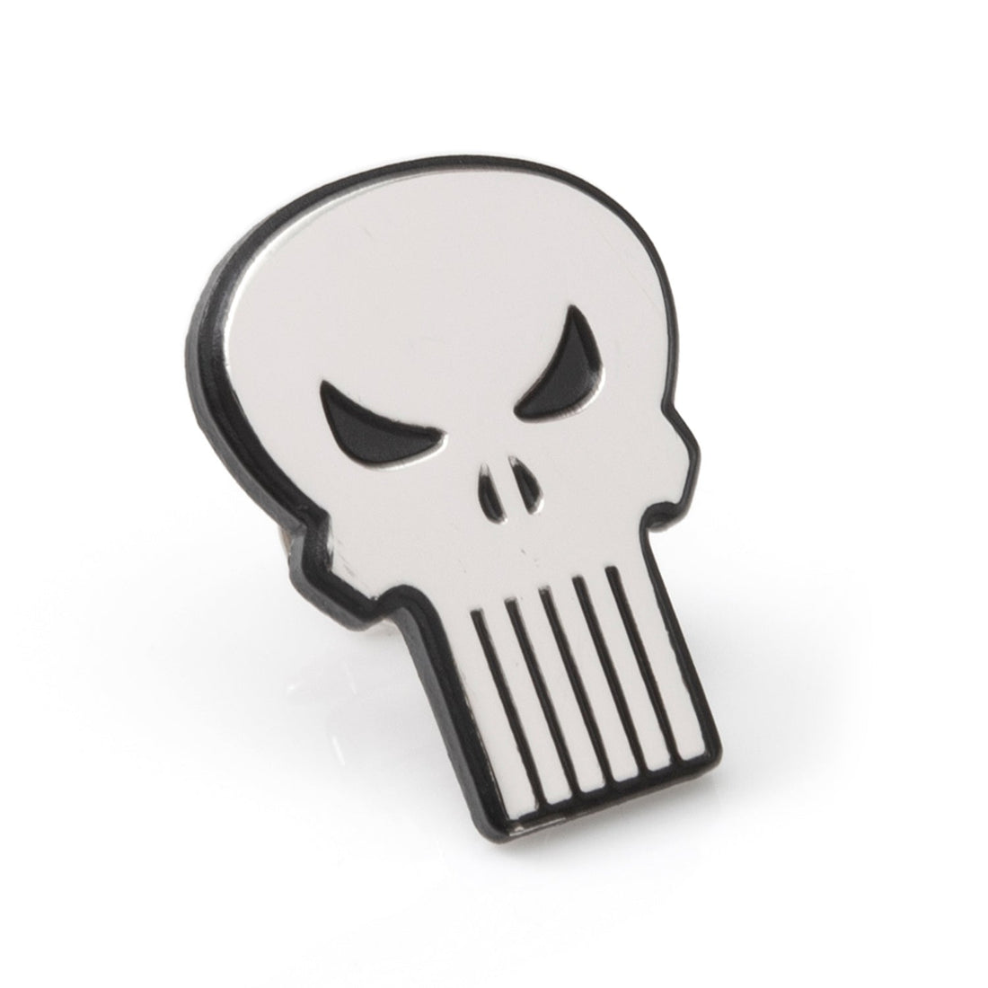 The Punisher silver and matte black skull logo lapel pin shown from front and back views.
