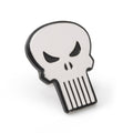 The Punisher silver and matte black skull logo lapel pin shown from front and back views.