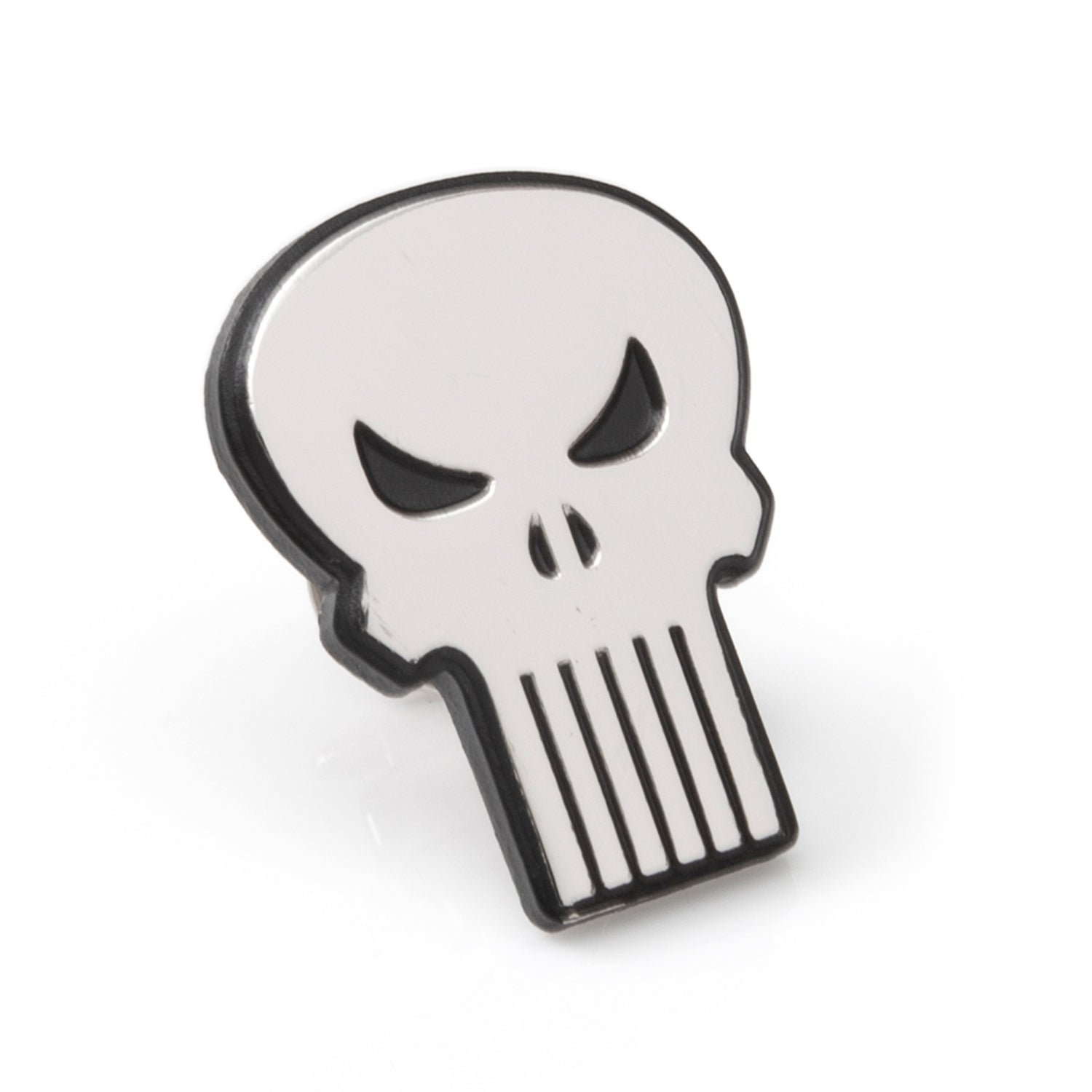 The Punisher silver and matte black skull logo lapel pin shown from front and back views.