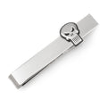Close-up of a Marvel The Punisher skull logo silver tie bar displayed on a camouflage patterned necktie against a grey suit background.