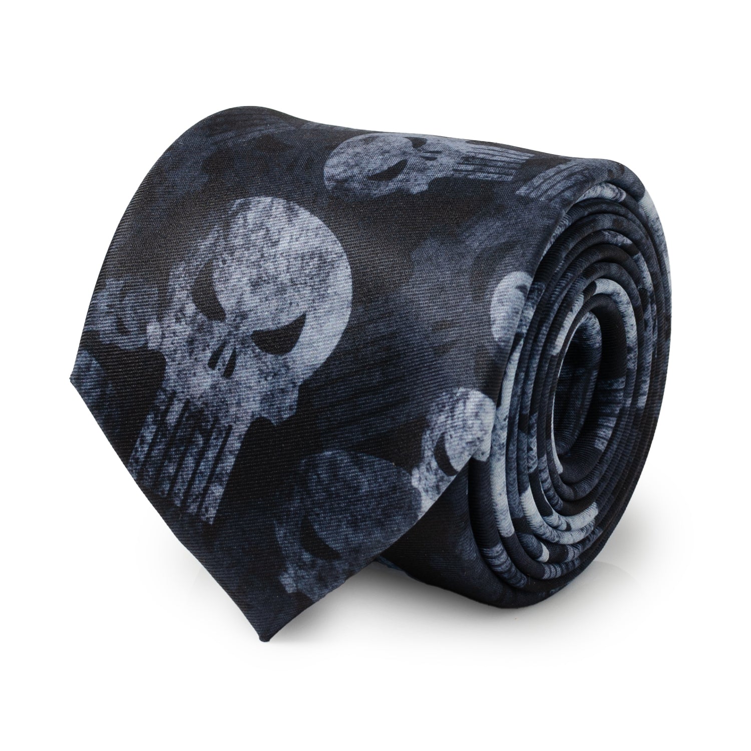 Close-up of a dark teal necktie featuring a repeating Punisher skull pattern.