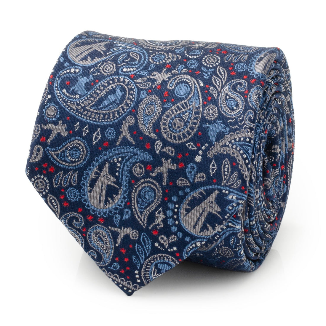 A detailed close-up and mannequin view of a blue Marvel Avengers themed silk necktie with a paisley pattern.