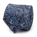 A detailed close-up and mannequin view of a blue Marvel Avengers themed silk necktie with a paisley pattern.