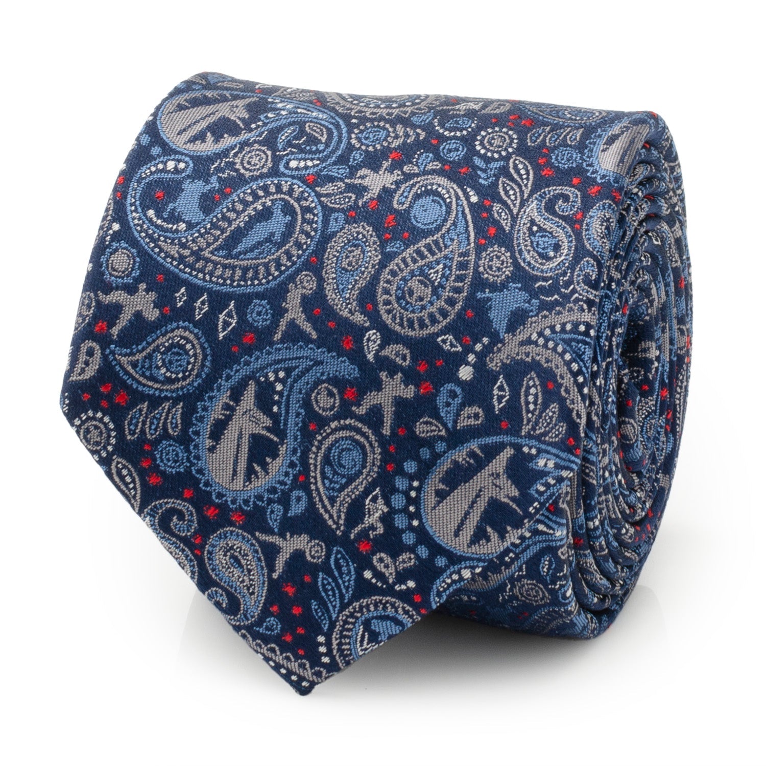 A detailed close-up and mannequin view of a blue Marvel Avengers themed silk necktie with a paisley pattern.