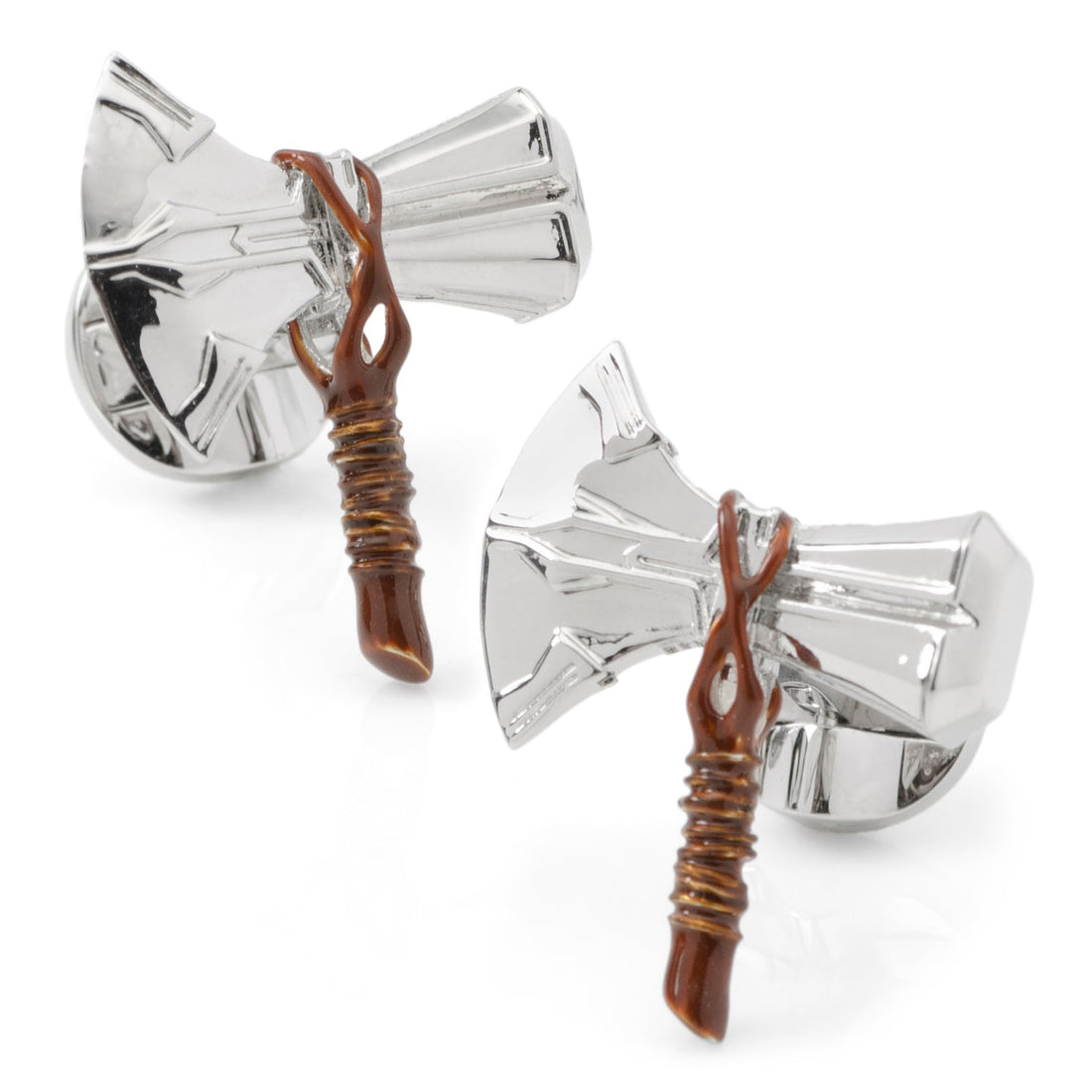 A pair of silver Marvel Thor Stormbreaker axe cufflinks with brown enamel handle details, shown from two angles.