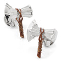 A pair of silver Marvel Thor Stormbreaker axe cufflinks with brown enamel handle details, shown from two angles.