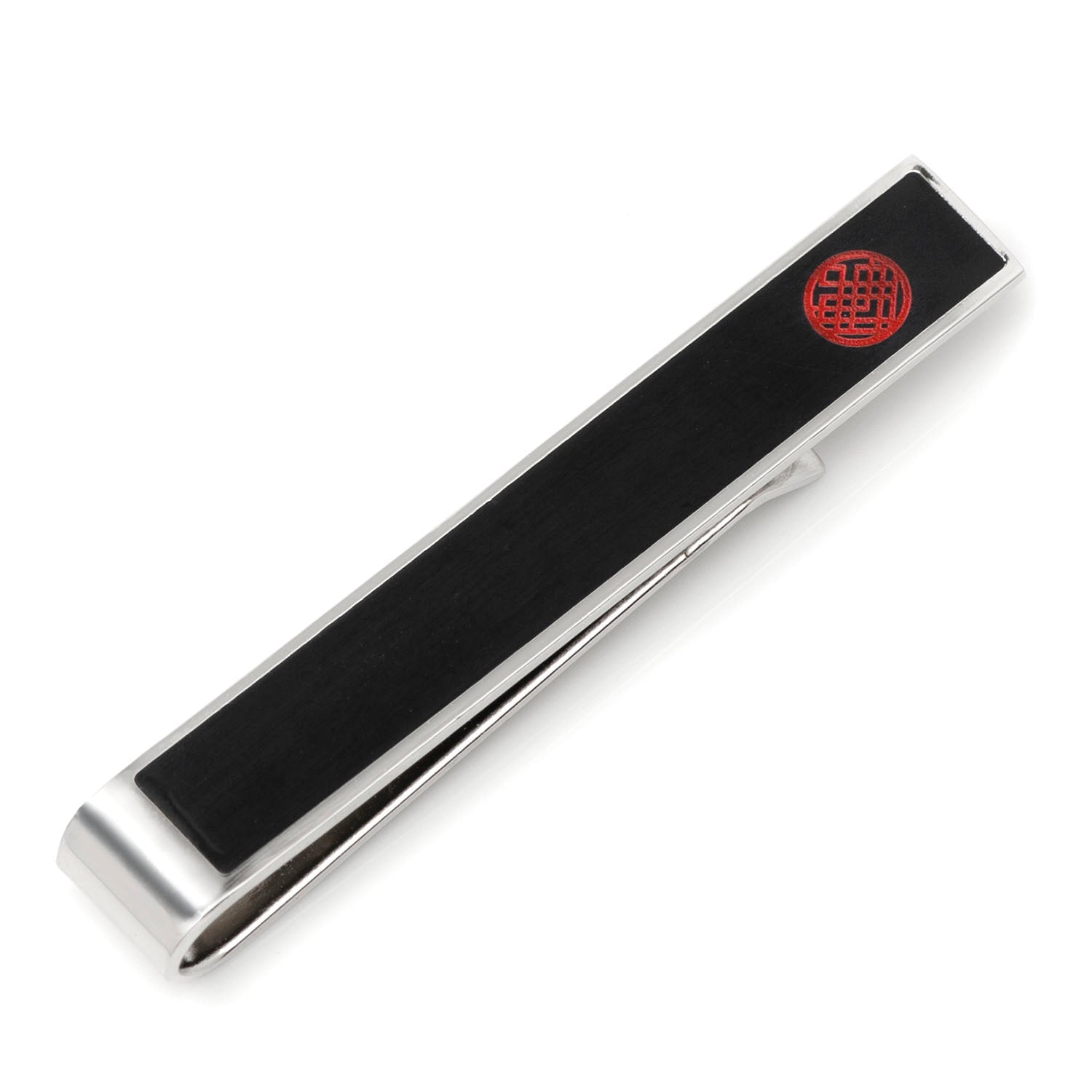 Marvel Shang-Chi tie bar featuring the Ten Rings crest in red enamel on a black base