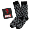 Marvel Spider-Man gift set containing black and gray patterned crew socks and a red and black Spider-Man mask lapel pin.