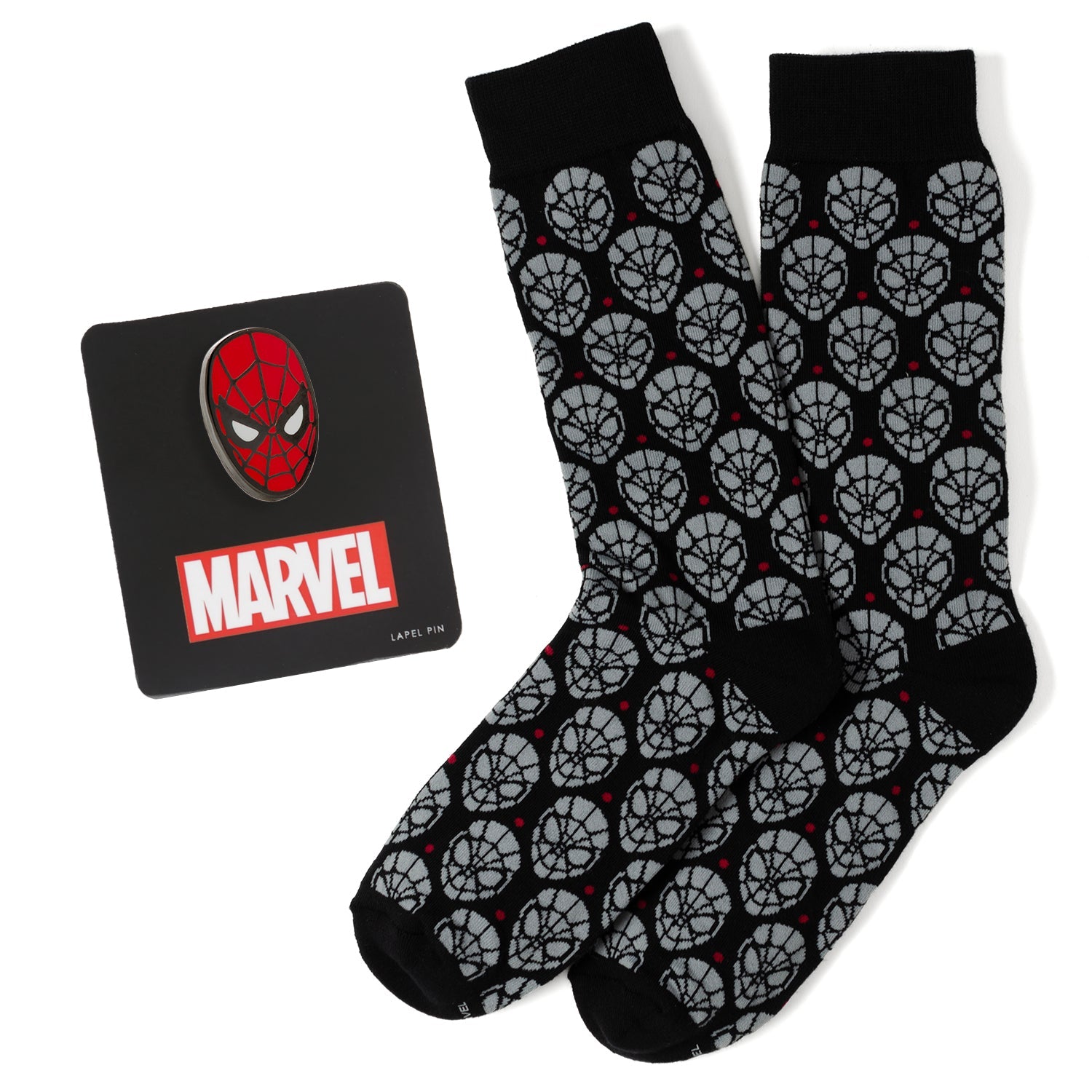 Marvel Spider-Man gift set containing black and gray patterned crew socks and a red and black Spider-Man mask lapel pin.