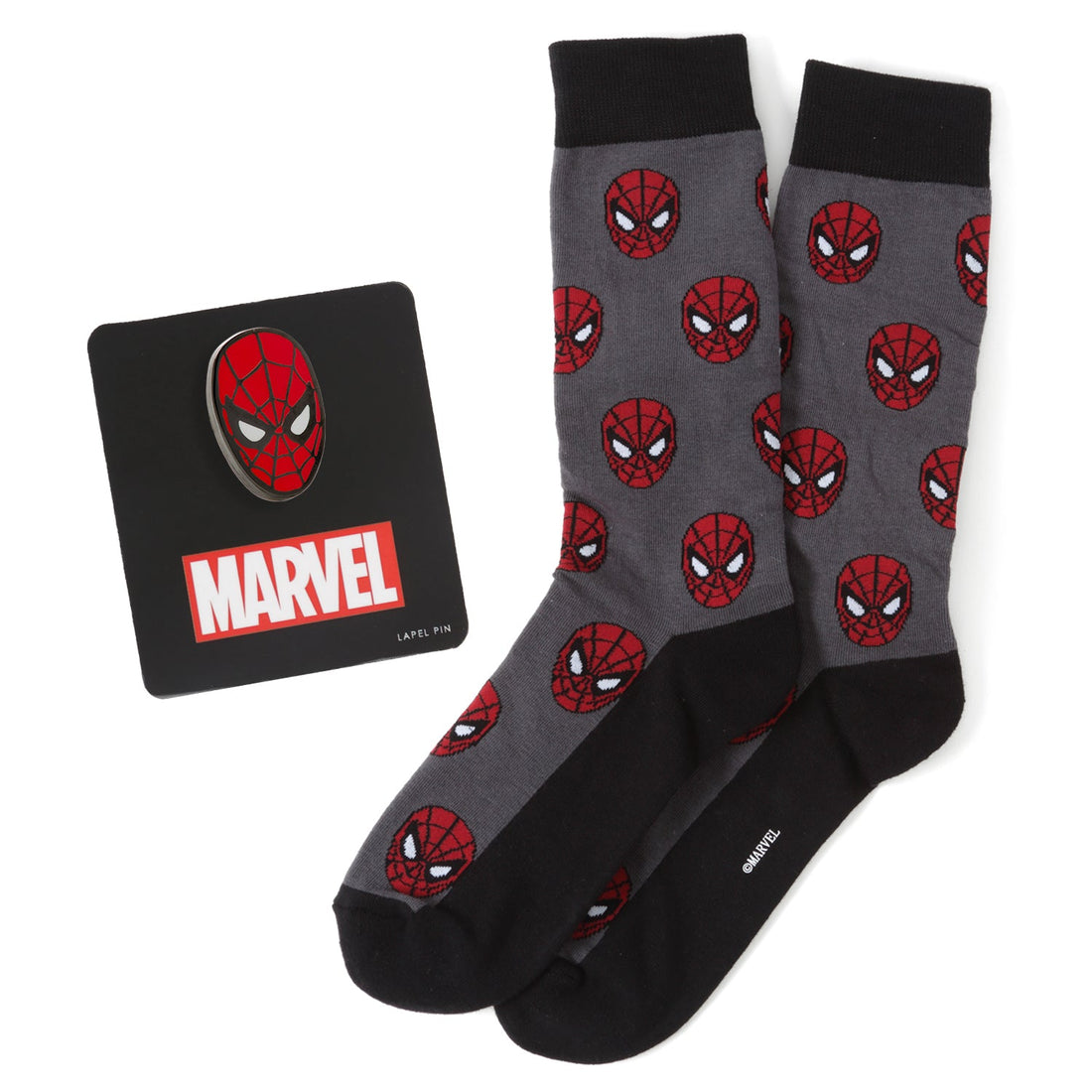 A gift set containing gray Marvel Spider-Man crew socks with a red mask pattern and a matching Spider-Man mask enamel lapel pin.