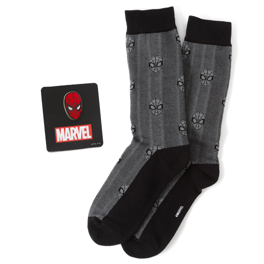 Spider-Man themed gift set featuring black herringbone socks and a detailed metal Spider-Man mask lapel pin.